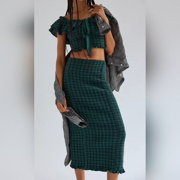 Free People Stretchy Annabeth Green Plaid Top & Skirt 2pc Set, Rainforest, MED - Picture 3 of 13